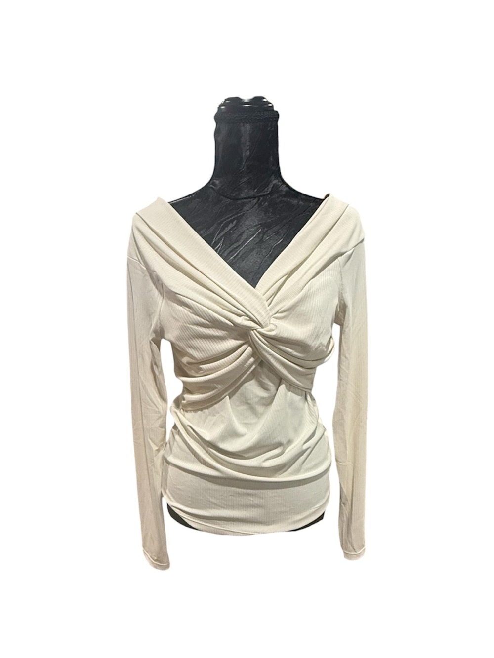 JustFab Cream Twist-Front Ribbed Long Sleeve Top